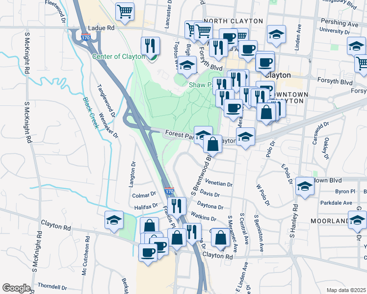 map of restaurants, bars, coffee shops, grocery stores, and more near 500 Corporate Park Dr in Clayton