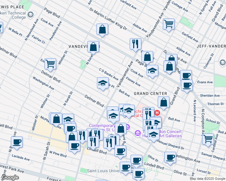 map of restaurants, bars, coffee shops, grocery stores, and more near 935 N Vandeventer Ave in St Louis