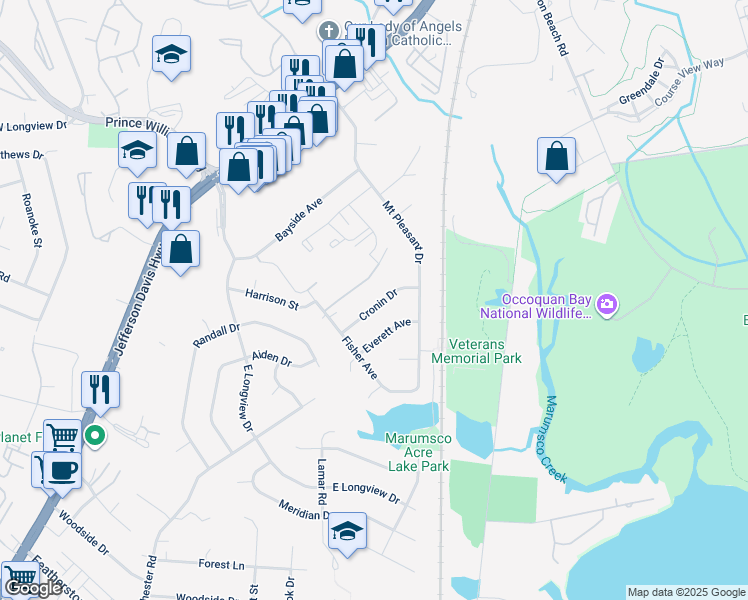 map of restaurants, bars, coffee shops, grocery stores, and more near 1264 Cronin Drive in Woodbridge