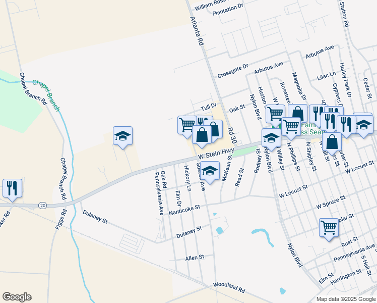 map of restaurants, bars, coffee shops, grocery stores, and more near 1200 West Stein Highway in Seaford