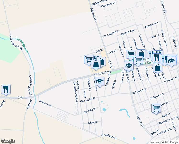 map of restaurants, bars, coffee shops, grocery stores, and more near 1200 West Stein Highway in Seaford