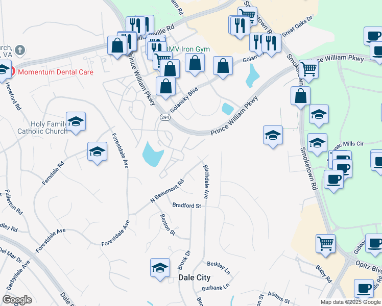 map of restaurants, bars, coffee shops, grocery stores, and more near 3281 Gina Place in Woodbridge