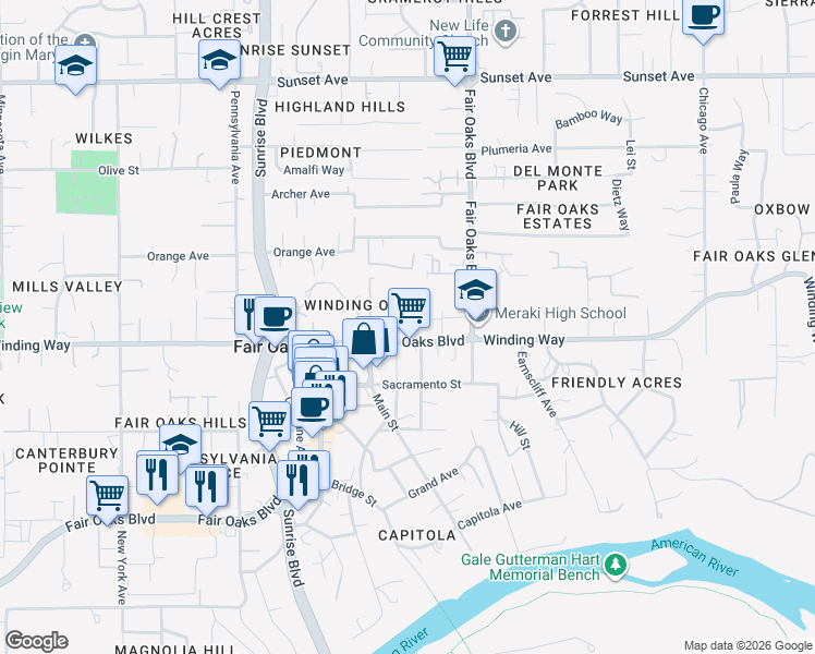 map of restaurants, bars, coffee shops, grocery stores, and more near 10523 Fair Oaks Boulevard in Fair Oaks