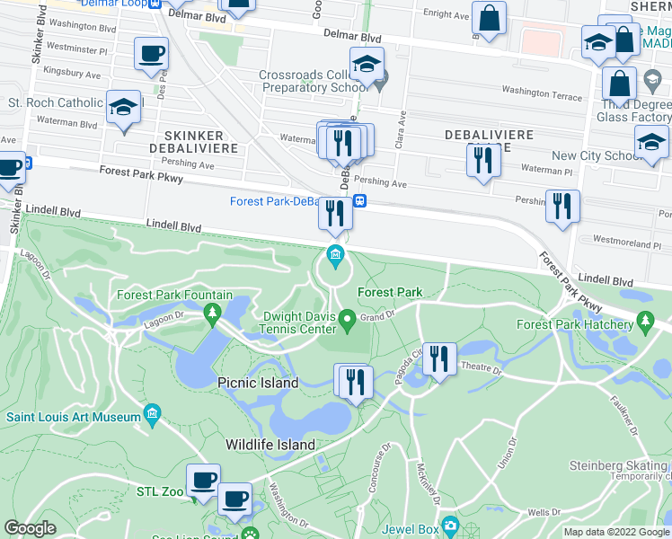 map of restaurants, bars, coffee shops, grocery stores, and more near 5700 Lindell Boulevard in St. Louis
