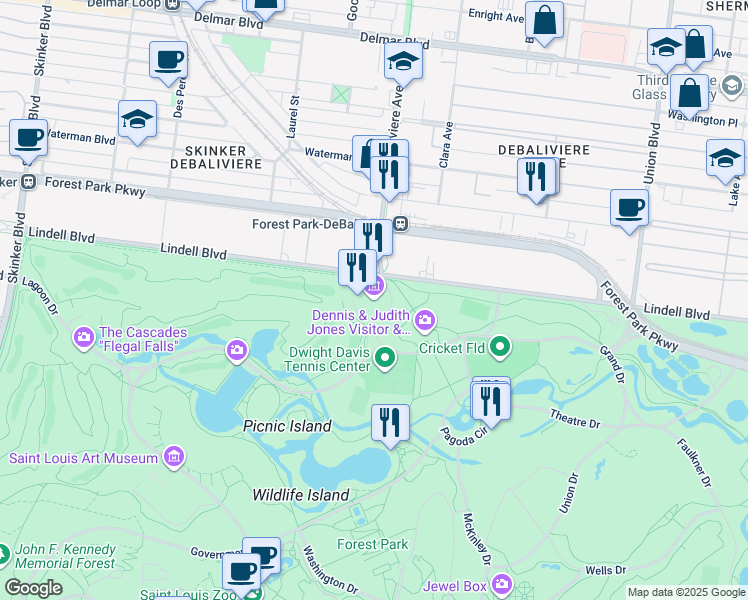 map of restaurants, bars, coffee shops, grocery stores, and more near 5700 Lindell Boulevard in St. Louis