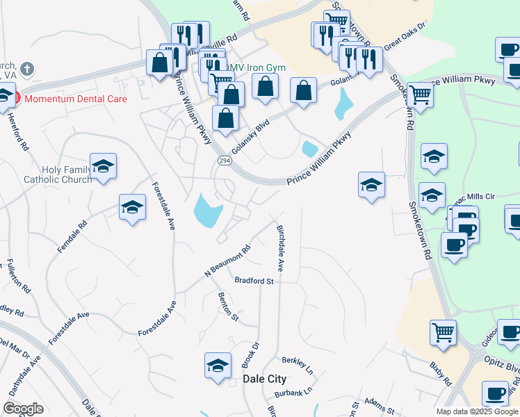 map of restaurants, bars, coffee shops, grocery stores, and more near 3281 Gina Place in Woodbridge