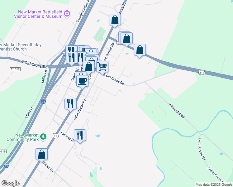 map of restaurants, bars, coffee shops, grocery stores, and more near 100 East Lee Street in New Market