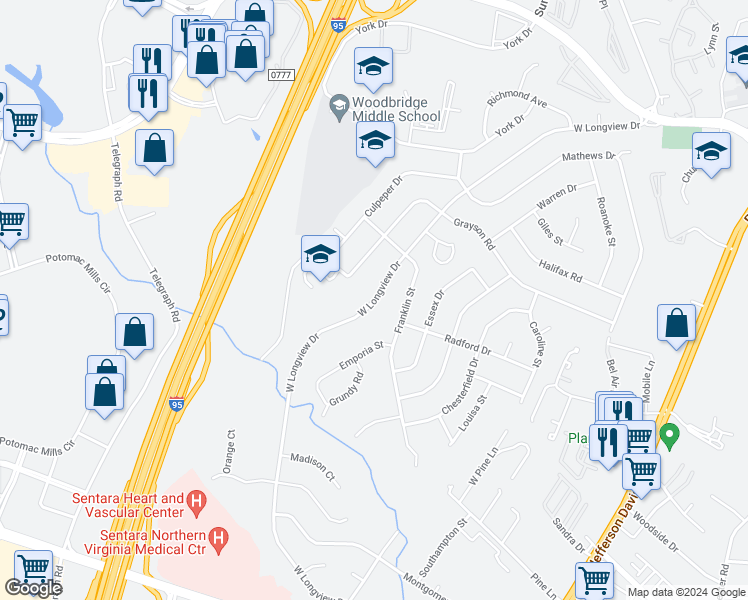 map of restaurants, bars, coffee shops, grocery stores, and more near West Longview Drive in Woodbridge