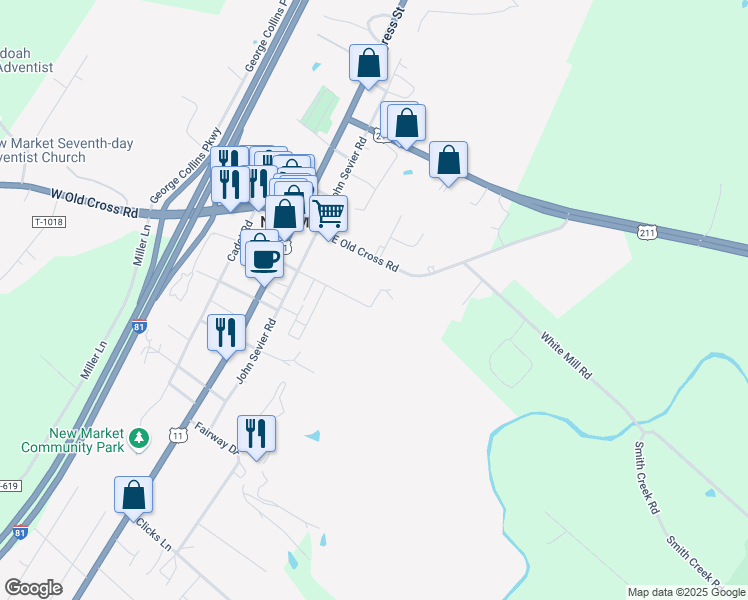 map of restaurants, bars, coffee shops, grocery stores, and more near 100 East Lee Street in New Market