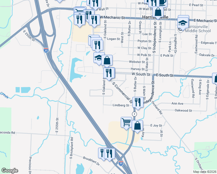 map of restaurants, bars, coffee shops, grocery stores, and more near 1306 South Commercial Street in Harrisonville