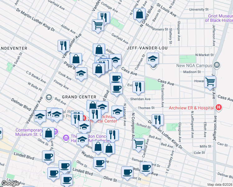map of restaurants, bars, coffee shops, grocery stores, and more near 3520 Page Boulevard in St. Louis