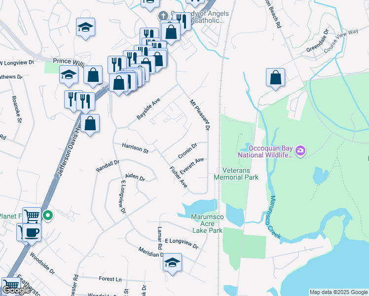 map of restaurants, bars, coffee shops, grocery stores, and more near 1264 Cronin Drive in Woodbridge