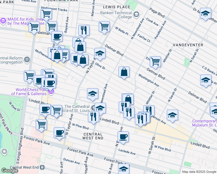 map of restaurants, bars, coffee shops, grocery stores, and more near 4393 Westminster Place in St. Louis