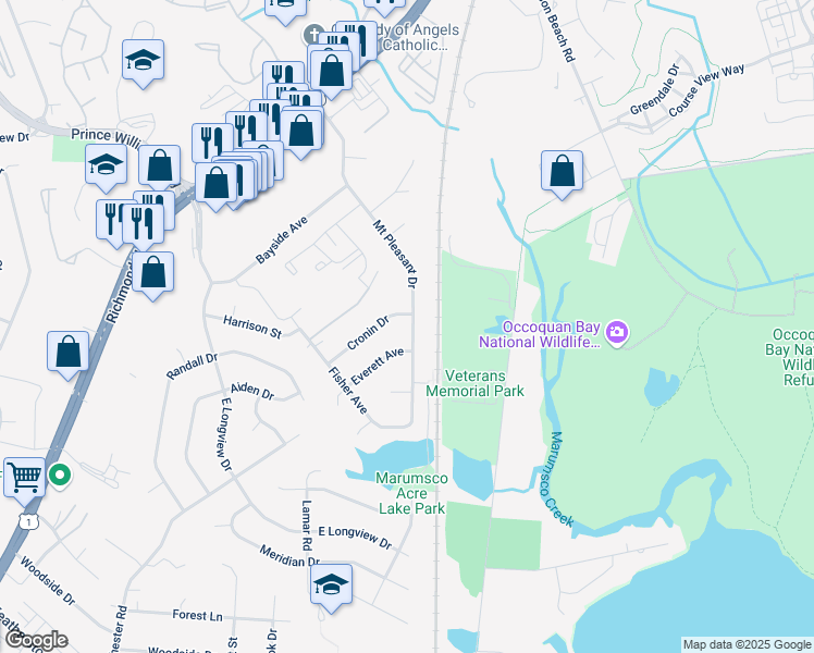 map of restaurants, bars, coffee shops, grocery stores, and more near 14112 Mount Pleasant Drive in Woodbridge