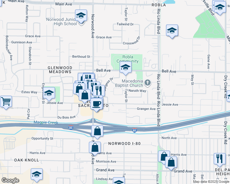 map of restaurants, bars, coffee shops, grocery stores, and more near 532 Franesi Way in Sacramento