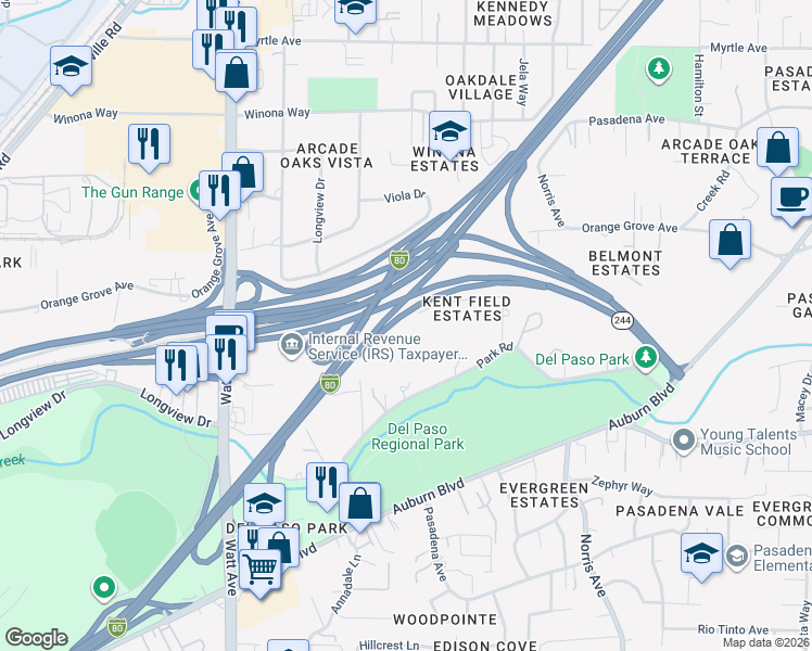map of restaurants, bars, coffee shops, grocery stores, and more near 3810 Silver Spur Way in Sacramento