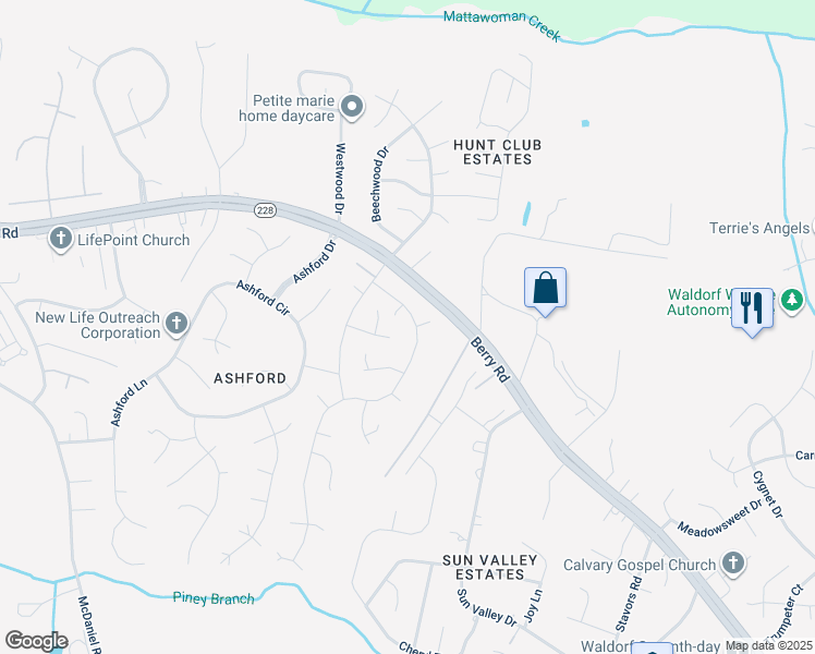map of restaurants, bars, coffee shops, grocery stores, and more near 10735 Alyssa Lane in Waldorf