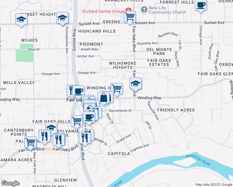 map of restaurants, bars, coffee shops, grocery stores, and more near 10741 Fair Oaks Boulevard in Fair Oaks