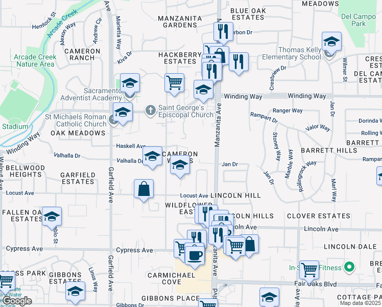 map of restaurants, bars, coffee shops, grocery stores, and more near 5731 Haskell Avenue in Carmichael
