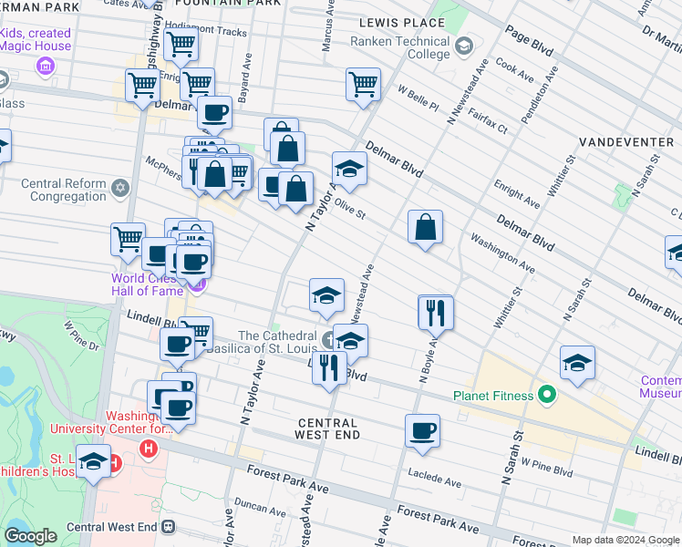 map of restaurants, bars, coffee shops, grocery stores, and more near 4457 McPherson Avenue in St. Louis