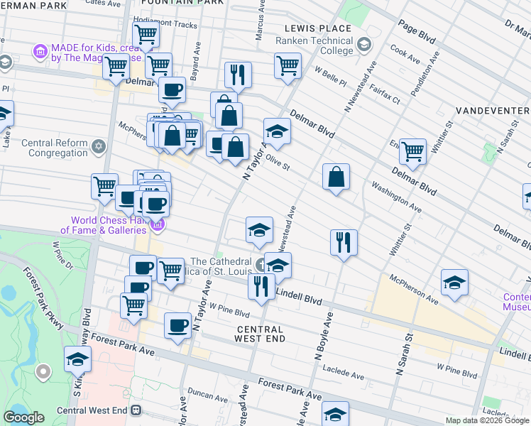 map of restaurants, bars, coffee shops, grocery stores, and more near 4457 McPherson Avenue in St. Louis