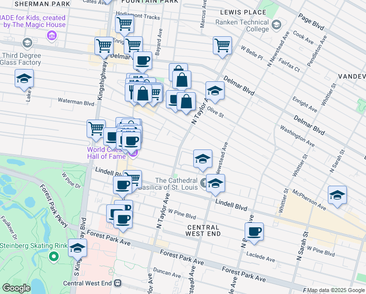 map of restaurants, bars, coffee shops, grocery stores, and more near 377 North Taylor Avenue in St. Louis