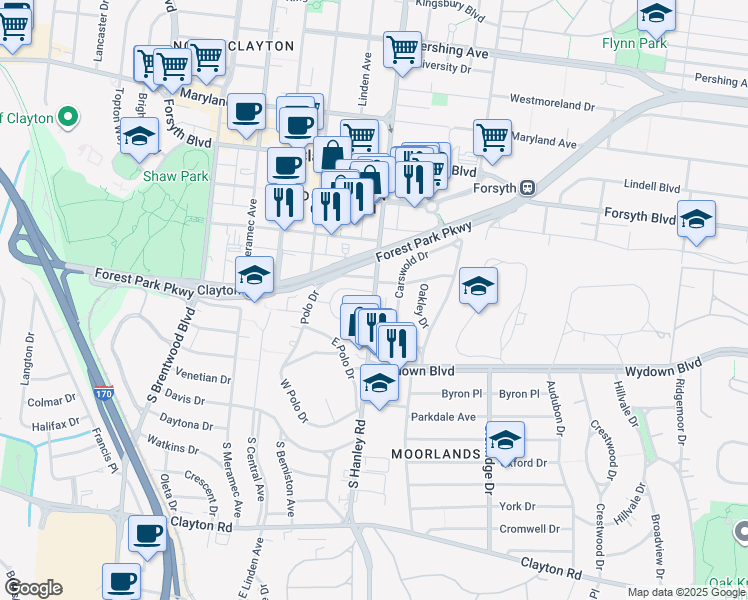 map of restaurants, bars, coffee shops, grocery stores, and more near 326 South Hanley Road in Clayton