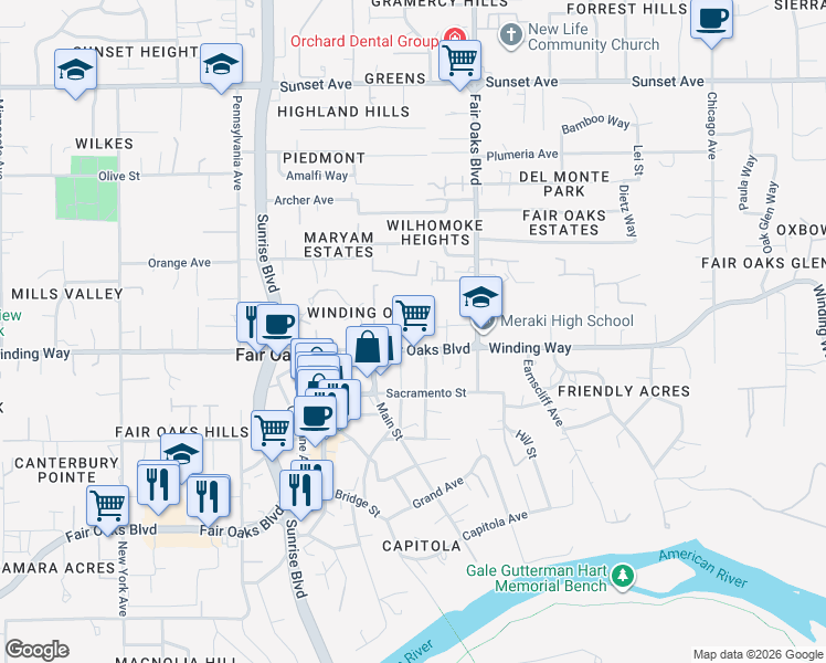 map of restaurants, bars, coffee shops, grocery stores, and more near 10523 Fair Oaks Boulevard in Fair Oaks