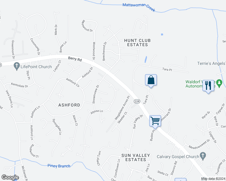 map of restaurants, bars, coffee shops, grocery stores, and more near 10735 Alyssa Lane in Waldorf