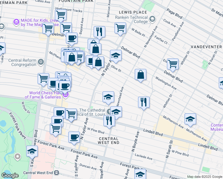 map of restaurants, bars, coffee shops, grocery stores, and more near 4457 McPherson Avenue in St. Louis