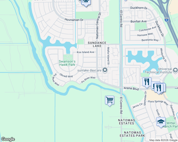map of restaurants, bars, coffee shops, grocery stores, and more near 3725 Sardinia Island Way in Sacramento