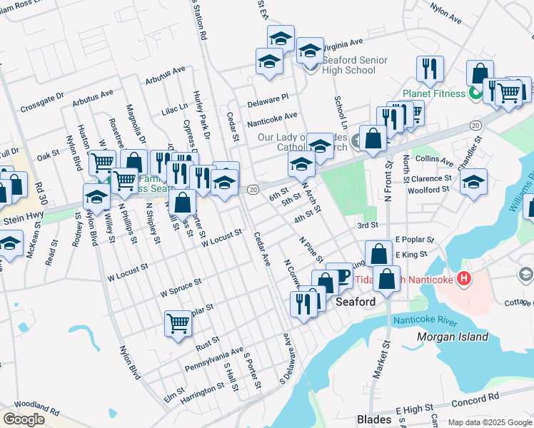 map of restaurants, bars, coffee shops, grocery stores, and more near 124 East Locust Street in Seaford