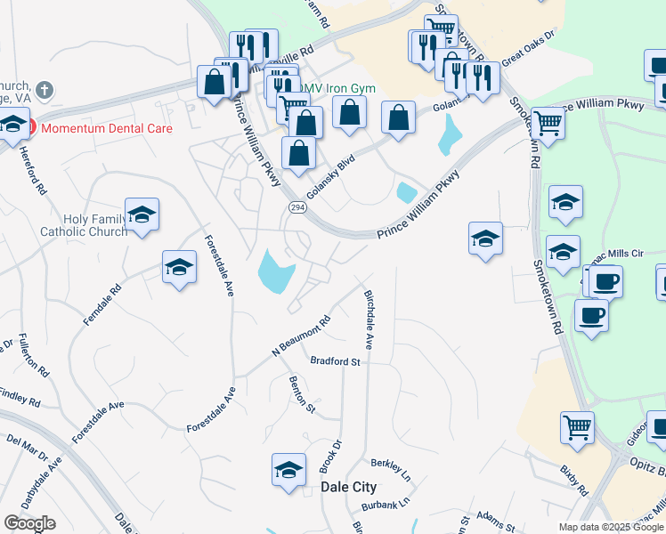 map of restaurants, bars, coffee shops, grocery stores, and more near 3293 Gina Pl in Woodbridge