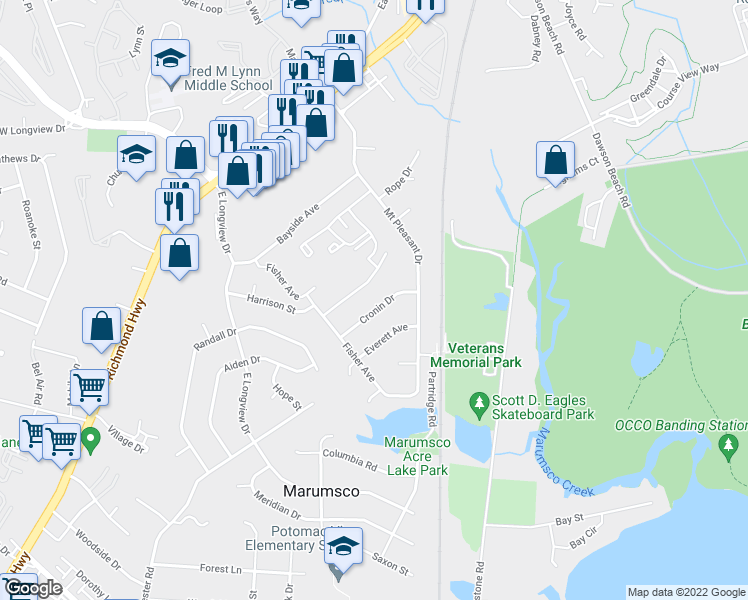 map of restaurants, bars, coffee shops, grocery stores, and more near 14114 Randall Drive in Woodbridge