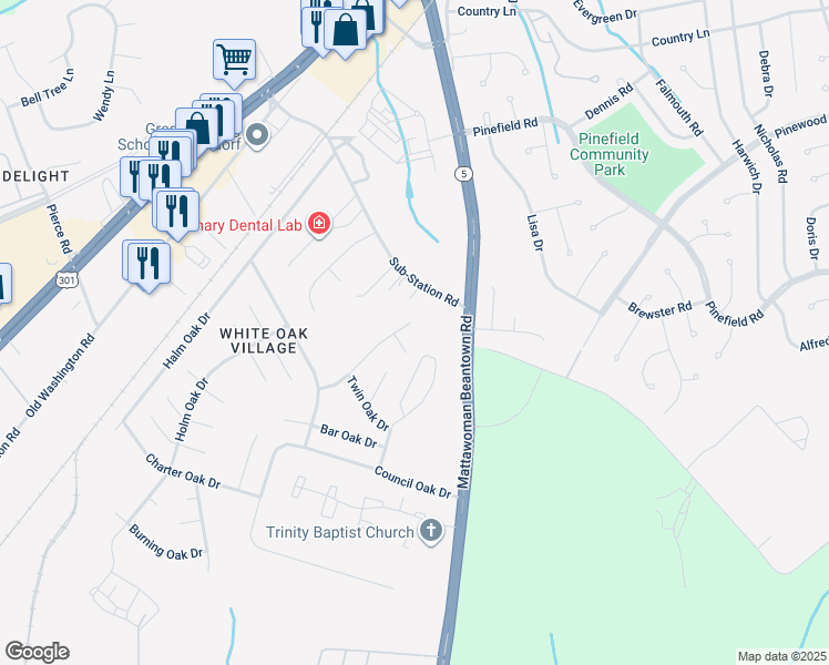 map of restaurants, bars, coffee shops, grocery stores, and more near 1738 Red Oak Lane in Waldorf