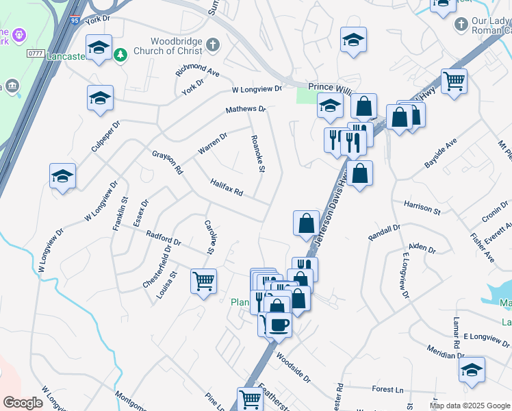 map of restaurants, bars, coffee shops, grocery stores, and more near 1805 Halifax Road in Woodbridge