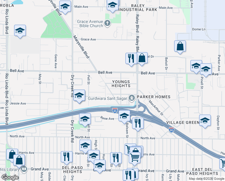 map of restaurants, bars, coffee shops, grocery stores, and more near 1428 Katharine Avenue in Sacramento