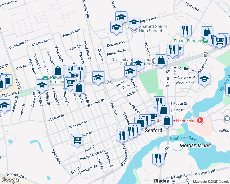 map of restaurants, bars, coffee shops, grocery stores, and more near 124 East Locust Street in Seaford