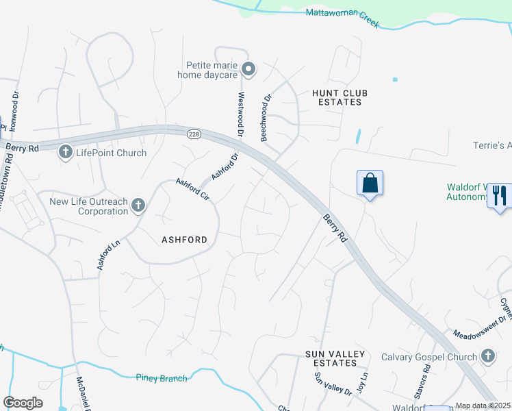 map of restaurants, bars, coffee shops, grocery stores, and more near 10804 Boysenberry Court in Waldorf
