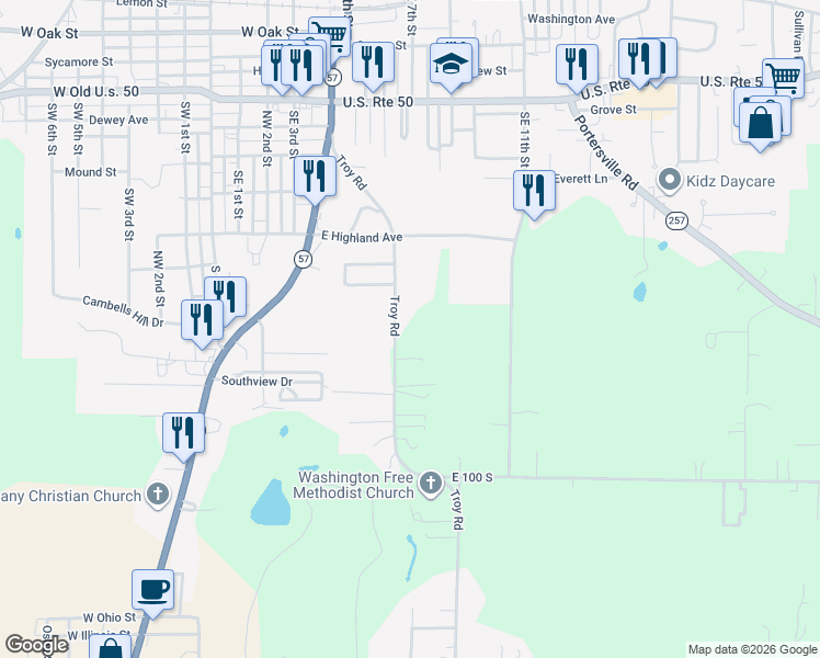 map of restaurants, bars, coffee shops, grocery stores, and more near 848 Troy Road in Washington
