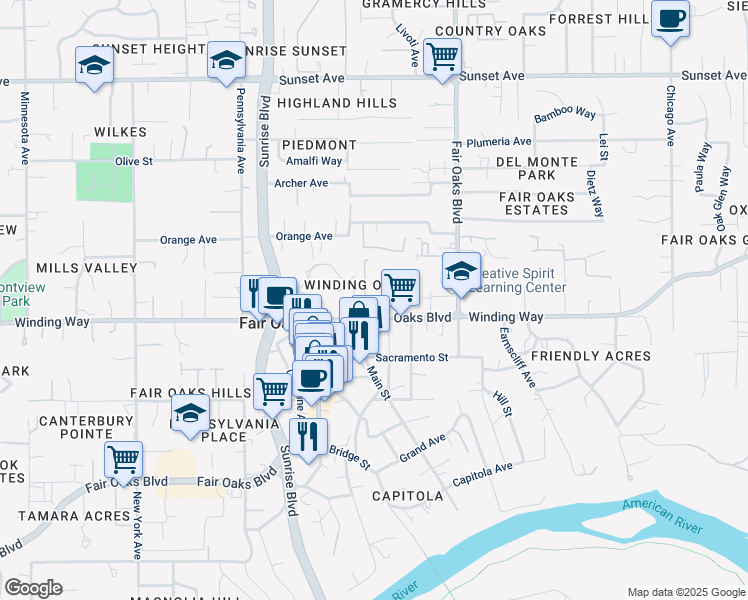 map of restaurants, bars, coffee shops, grocery stores, and more near 10517 Fair Oaks Boulevard in Fair Oaks