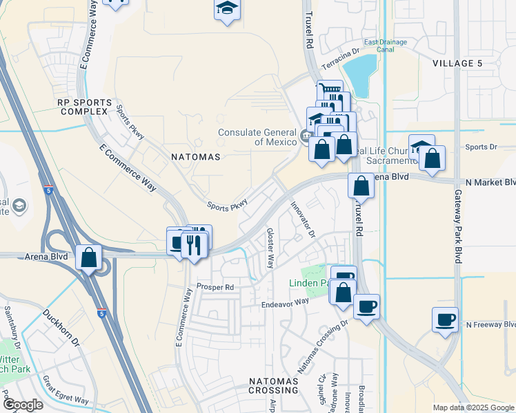 map of restaurants, bars, coffee shops, grocery stores, and more near 2201 Arena Boulevard in Sacramento