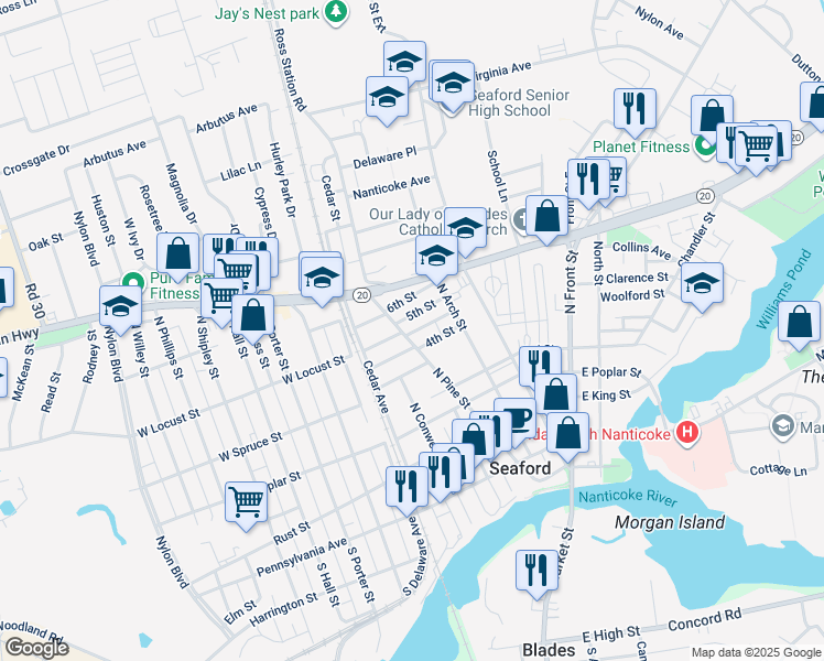 map of restaurants, bars, coffee shops, grocery stores, and more near 307 5th Street in Seaford