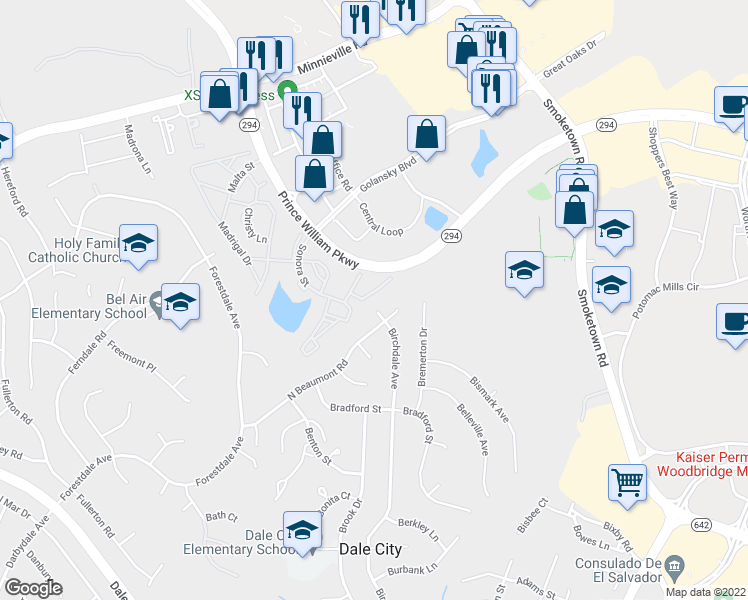 map of restaurants, bars, coffee shops, grocery stores, and more near 3269 Gina Place in Woodbridge