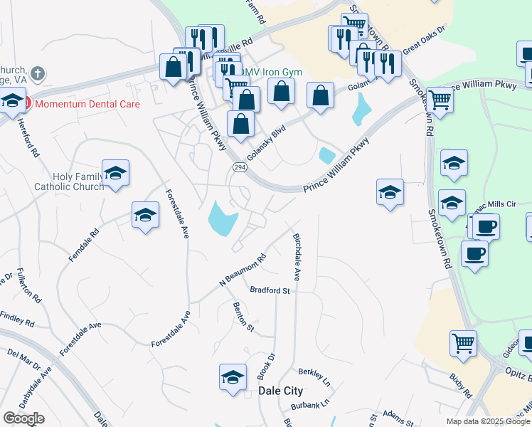 map of restaurants, bars, coffee shops, grocery stores, and more near 3297 Gina Place in Woodbridge
