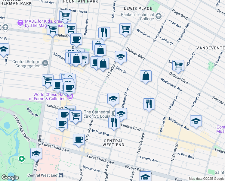 map of restaurants, bars, coffee shops, grocery stores, and more near 4457 McPherson Avenue in St. Louis