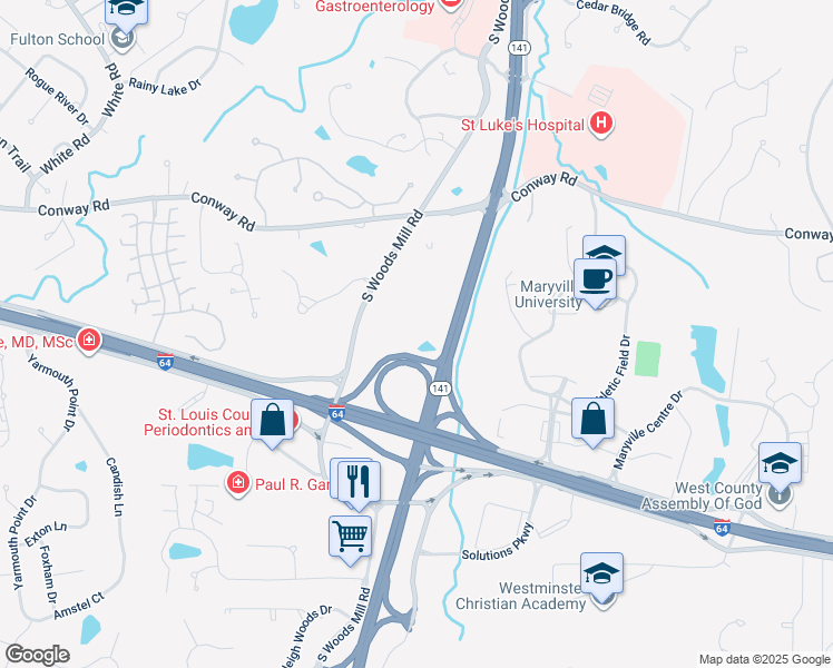 map of restaurants, bars, coffee shops, grocery stores, and more near 424 South Woods Mill Road in Chesterfield