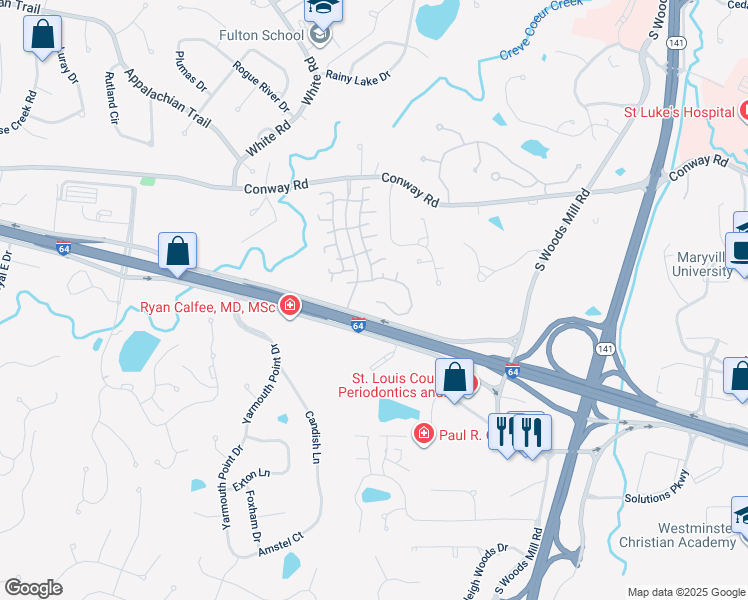map of restaurants, bars, coffee shops, grocery stores, and more near 14369 East Conway Meadows Court in Chesterfield