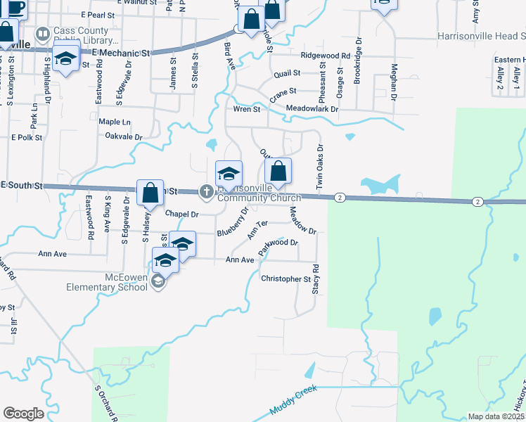 map of restaurants, bars, coffee shops, grocery stores, and more near 2002 Chateau Drive in Harrisonville