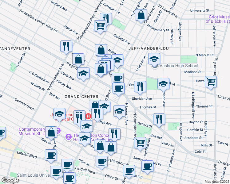 map of restaurants, bars, coffee shops, grocery stores, and more near 3526 Page Boulevard in St. Louis